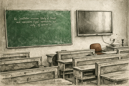 Zeichnung eines Klassenzimmers mit grüner Tafel und Schulbänken